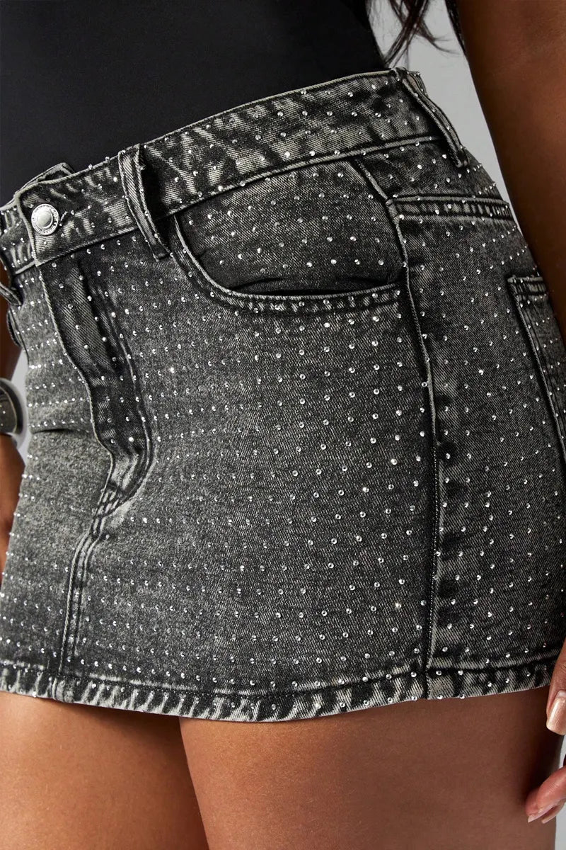 Women's Fashionable And Casual A-Line Denim Mini Skirt Adorned With Rhinestones, Sparkling And Shining
