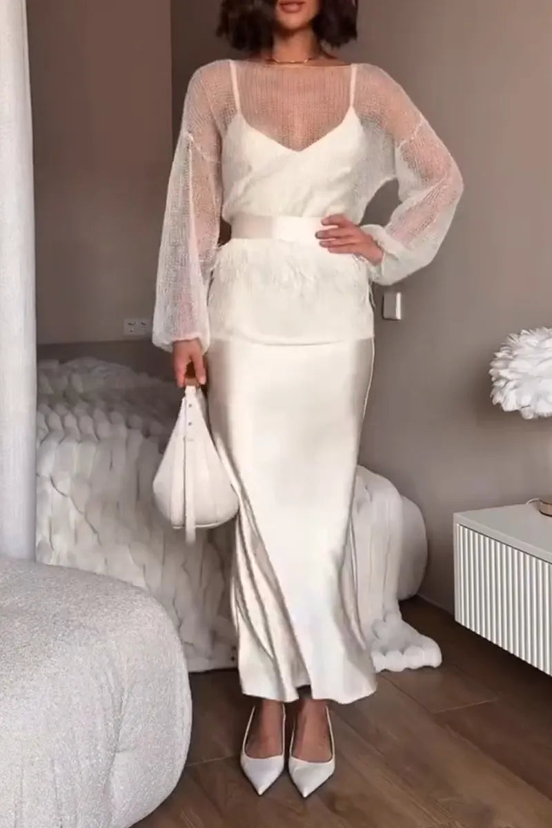 Women's Spaghetti Strap Satin Dress+ Sheer Top Elegant Temperament Set