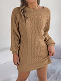 （ In stock）Women Round Neck Solid Color Lantern Sleeve Straight Sweater Dress