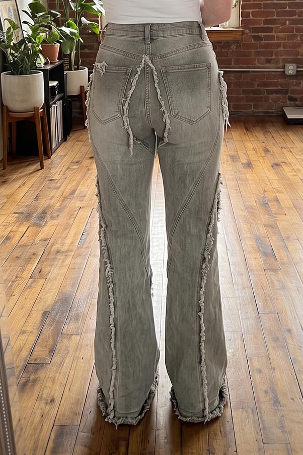 Women's Vintage Washed Wide Leg Flare Jeans High Waisted Distressed Raw Hem Fringe Seam Y2K Baggy Denim Pants