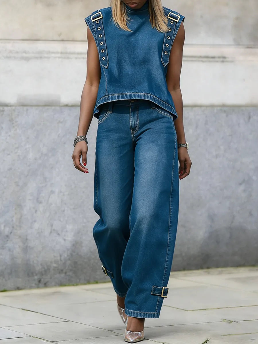 Stylish Casual Stand-collar Straps Denim Shirt