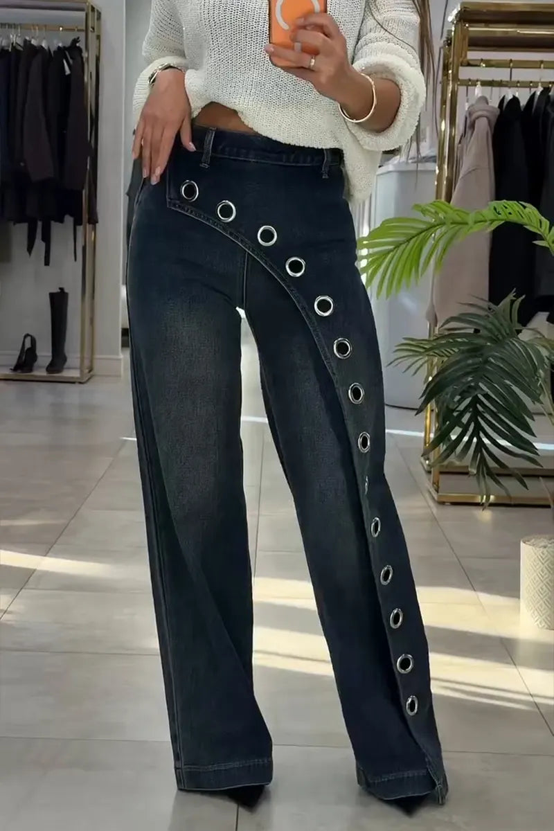 Women's Fashion Asymmetric Metal Hollow-Out Decoration Wide Leg Jeans