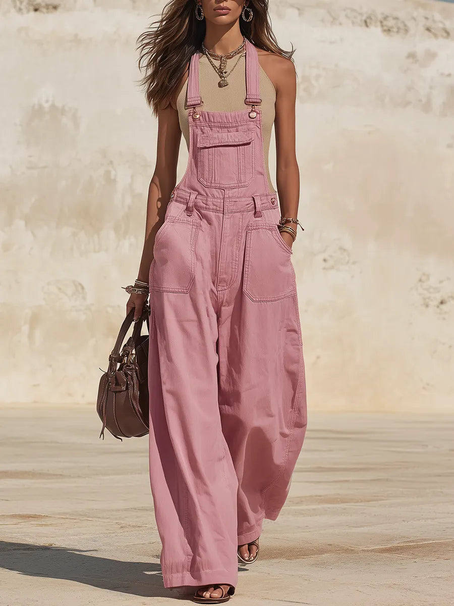 Resort-style Pocket Solid Color Denim Overalls
