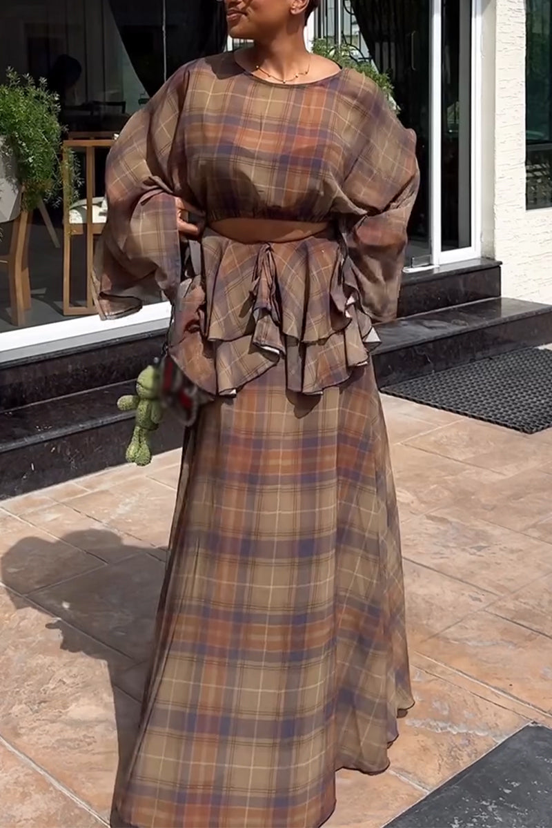 Women's Round Neck Plaid Top+ Patchwork Skirt Elegant Casual Set