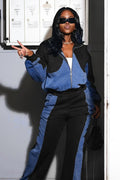 Trendy Denim Patchwork Set – Street-Style Jacket & Pants