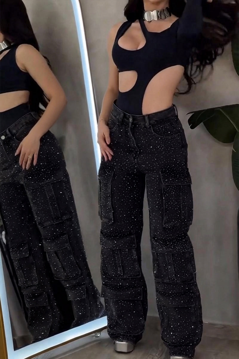 Women's Fashion Shiny Rhinestone Cargo Jeans