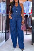 Women's Casual Summer Halter Button Front Backless Denim Jumpsuit