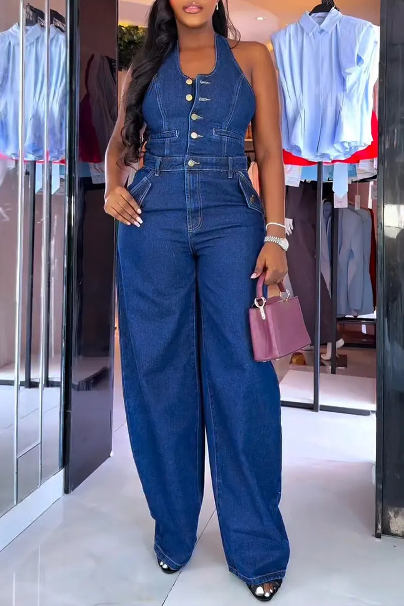 Women's Casual Summer Halter Button Front Backless Denim Jumpsuit