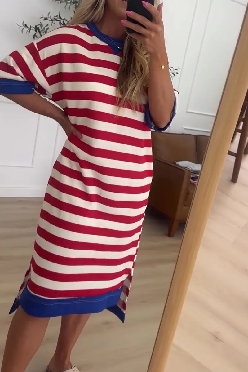Women Round Neck Striped Loose Casual Midi Dresses