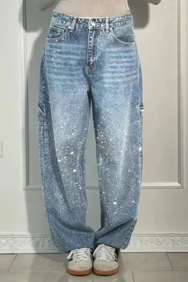 Women's Casual Rhinestone Embellished Wide Leg Jeans