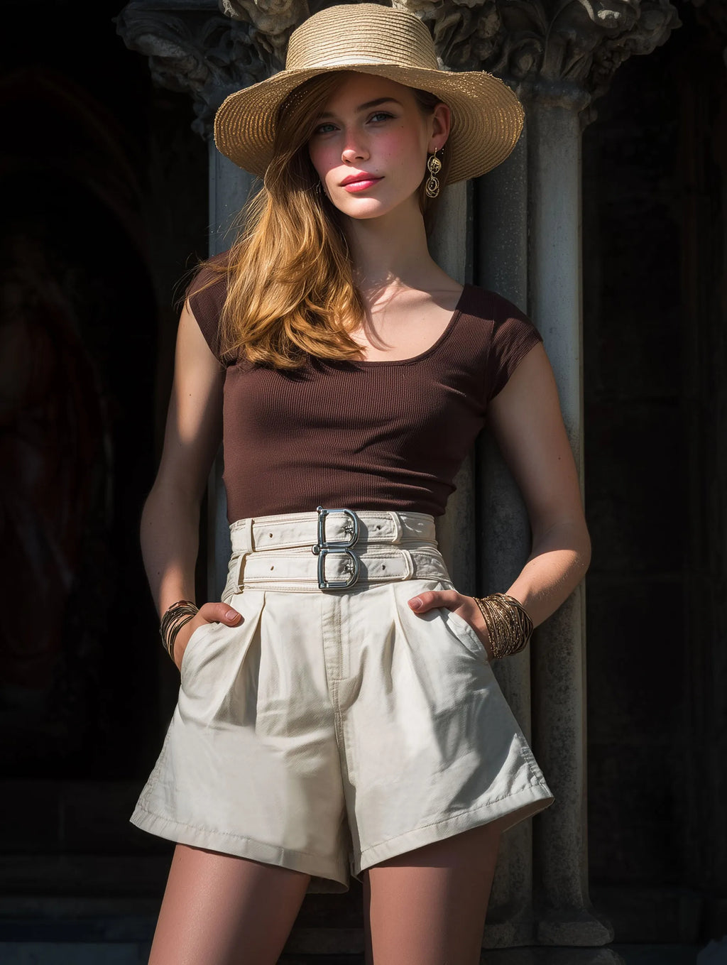 Resort-Style Double-Belted Beige Denim Shorts