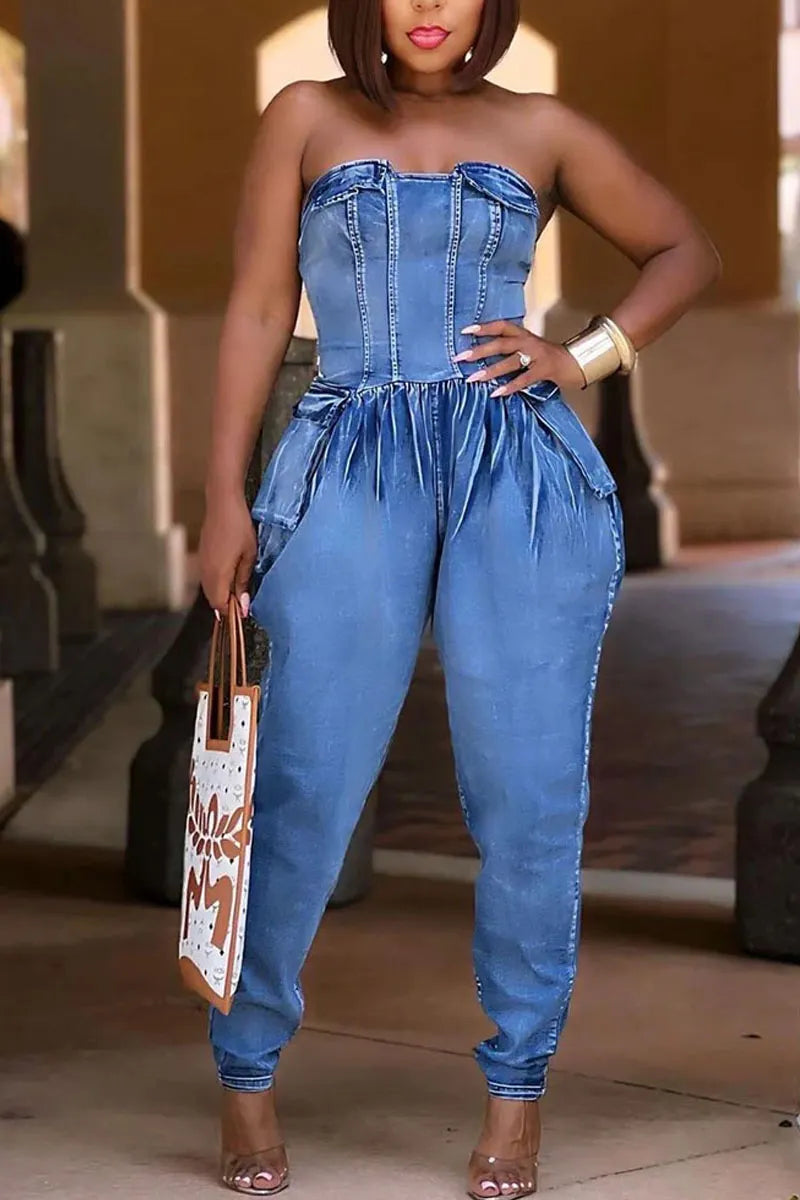 Women's Strapless Corset Balloon Leg Denim Jumpsuit