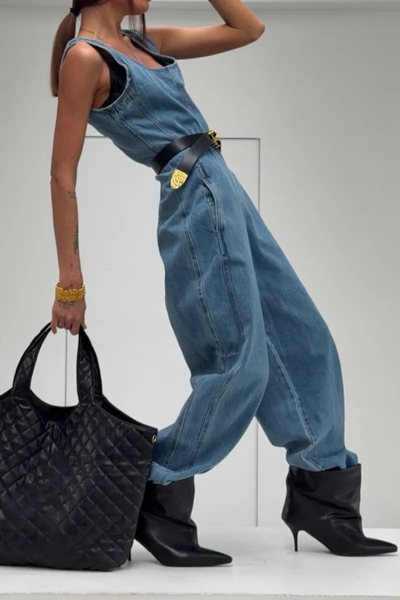 Women's Casual Denim Jumpsuit with Barrel Leg & Pockets