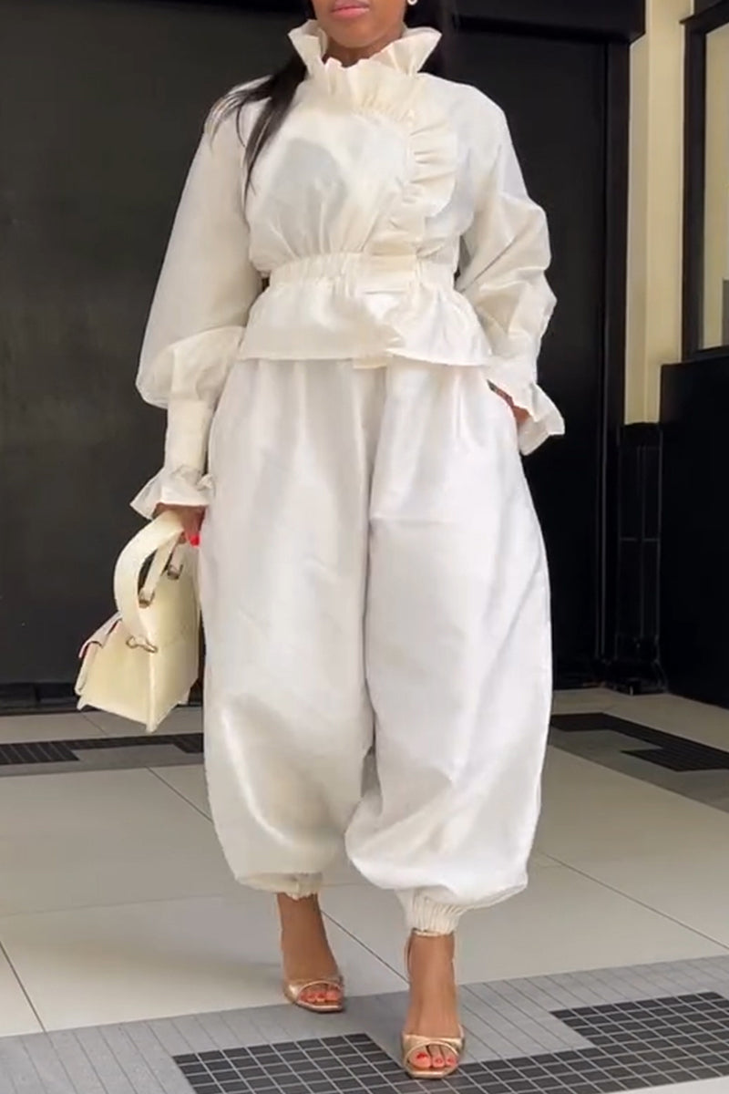 Women's Elegant Ruffle Decoration Waist Cinching Shirt Elastic Cuff Pants Two-Piece Set