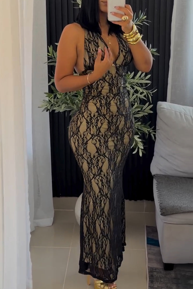 Women's Elegant Lace Slim Halter Maxi Dress