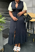 Women's Color Block Short Sleeve Ribbed Knit Button Front Slit Midi Dress
