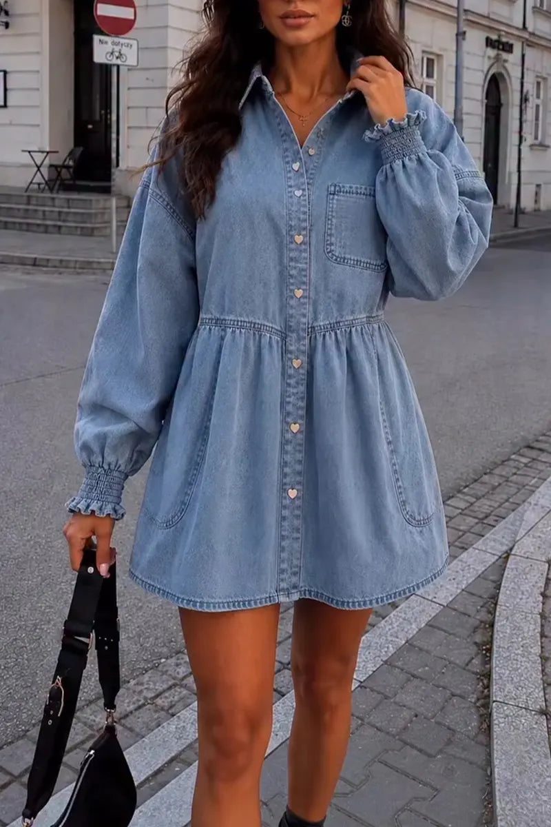 Women's Lapel with Heart-shaped Buckle Splicing Casual Denim Dress