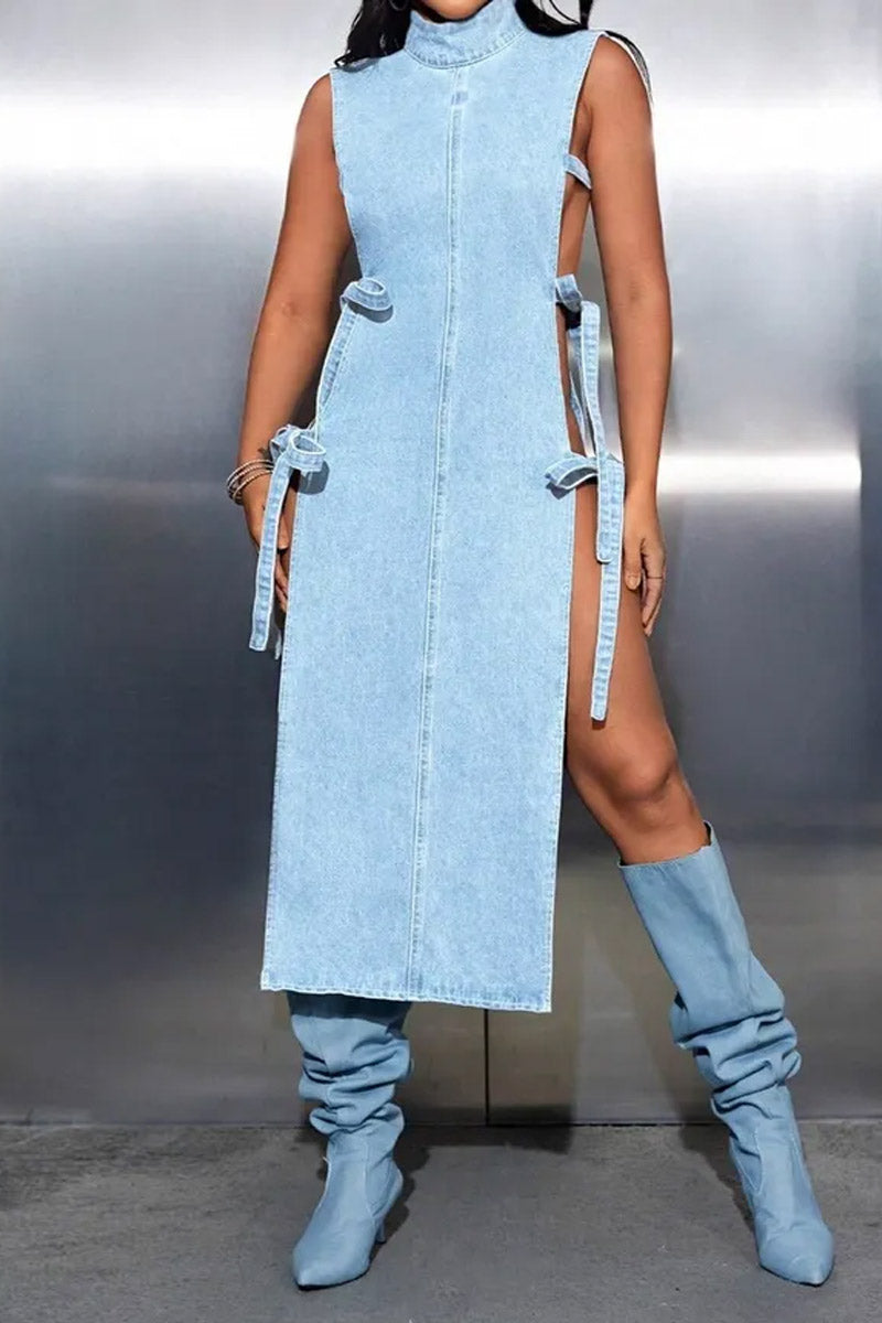 Hot Selling Women's Casual Sleeveless High Neck Washed Denim Mid Length A-Line Dress