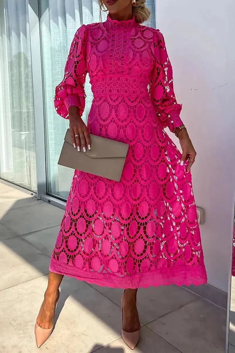 Women's Round Neck Waist Cinching Pattern Hollow Out Solid Color Elegant Temperament Dress