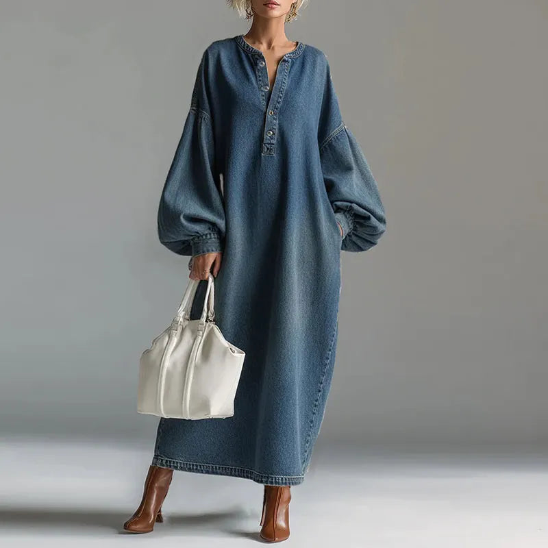 ✨Vintage V-Neck Lantern Sleeve Denim Dress✨