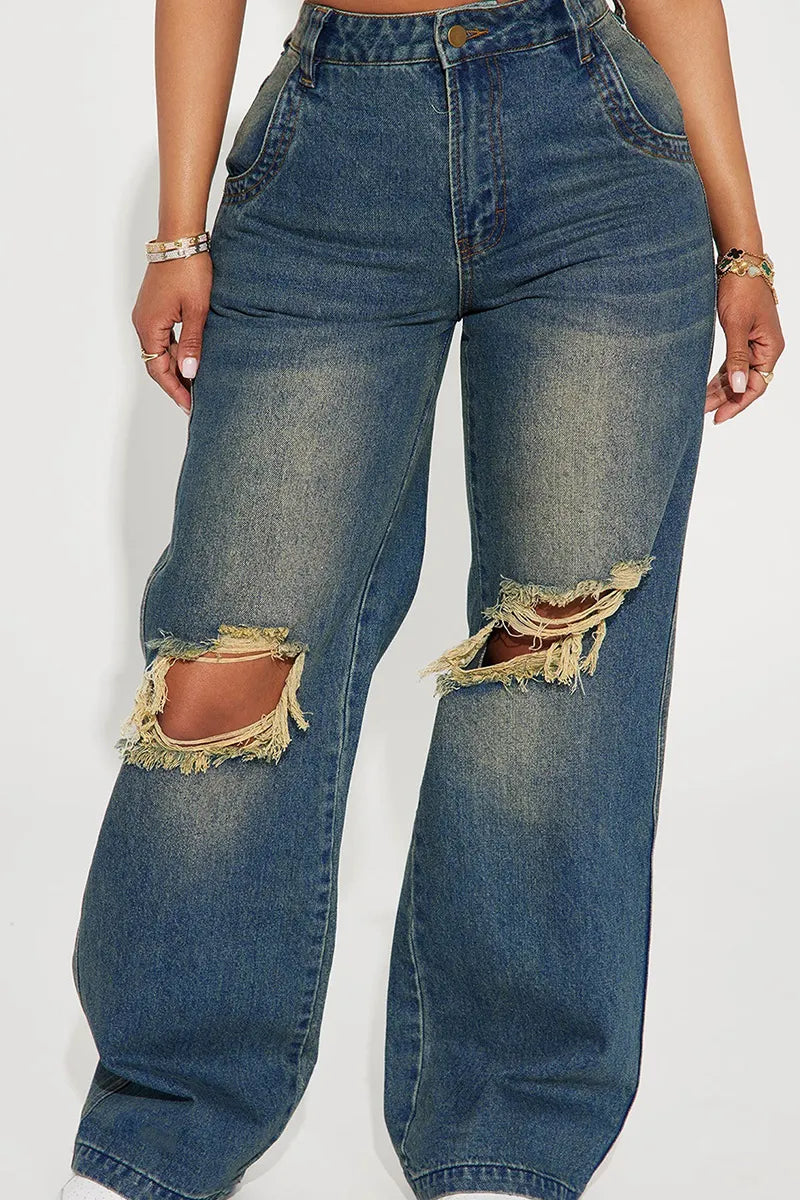 Ladies Industrial Wash Knee Rip Wide Leg Jeans