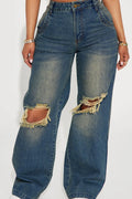 Ladies Industrial Wash Knee Rip Wide Leg Jeans