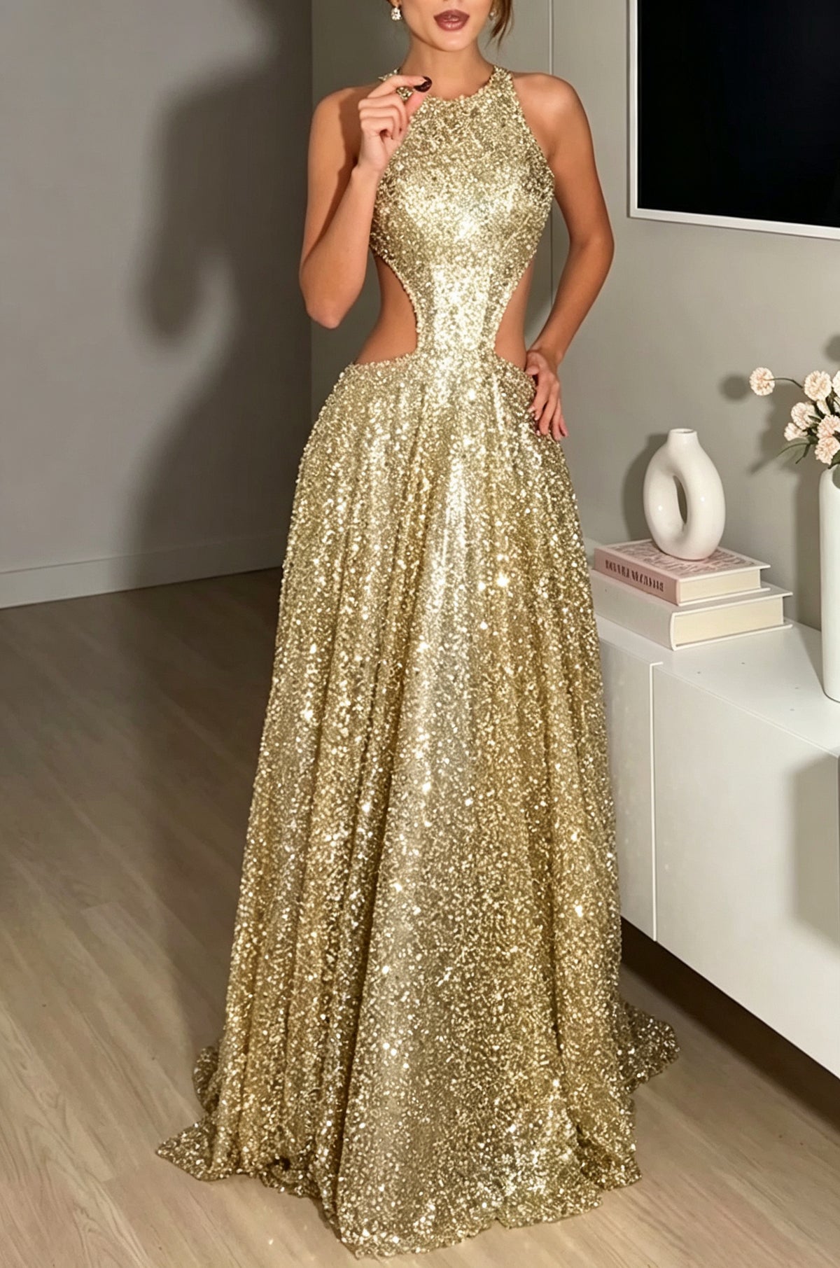 Women's Elegant Party Shiny Beads Waist Cut-Out Maxi Dress