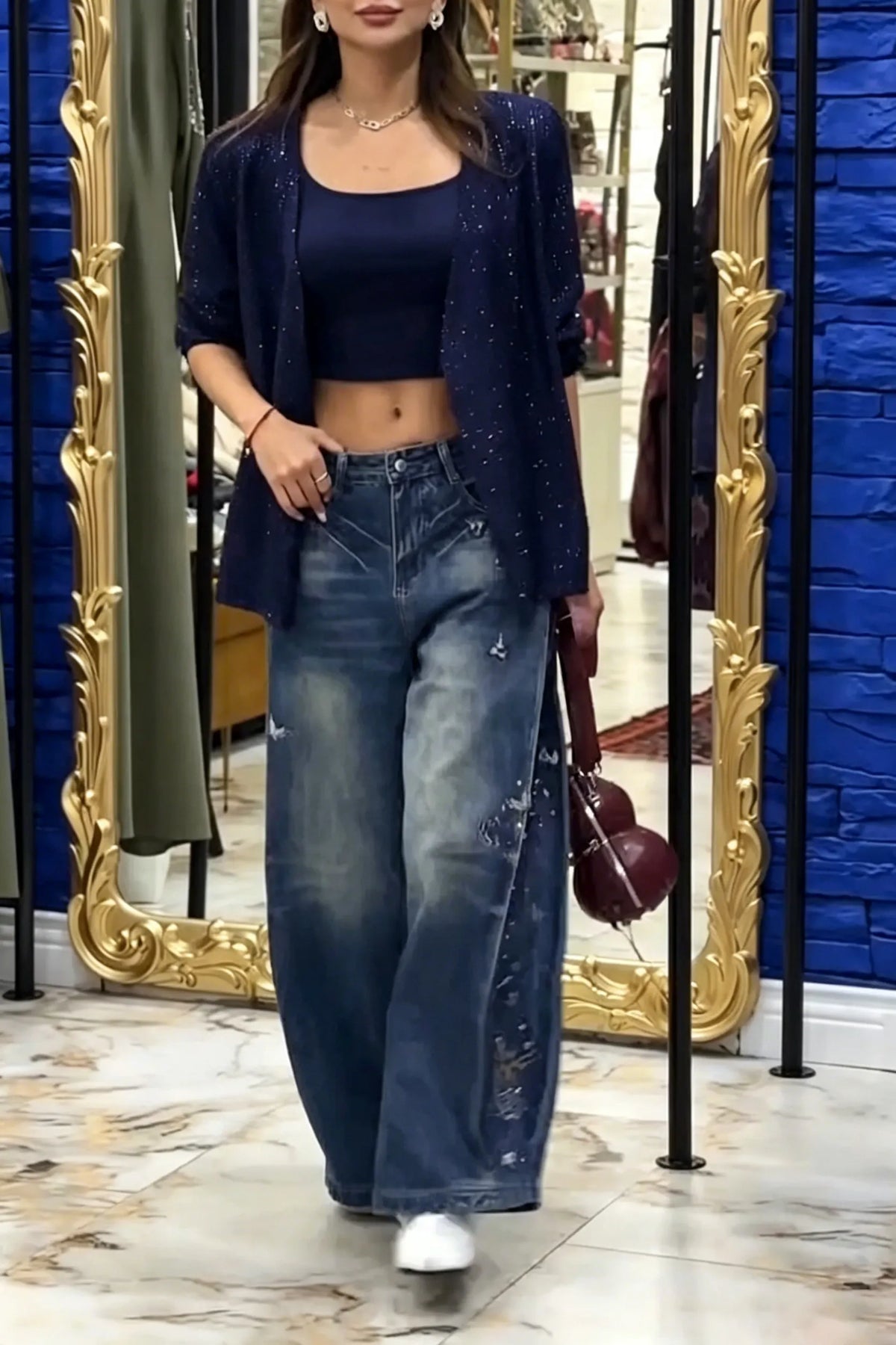Women's Fashion V-Neck Rhinestone Blazer or Embroidered Jeans