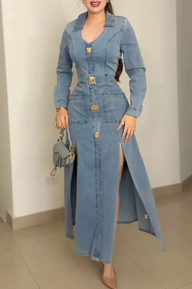 Women's Elegant Slit Hem Button Trim Denim Dress