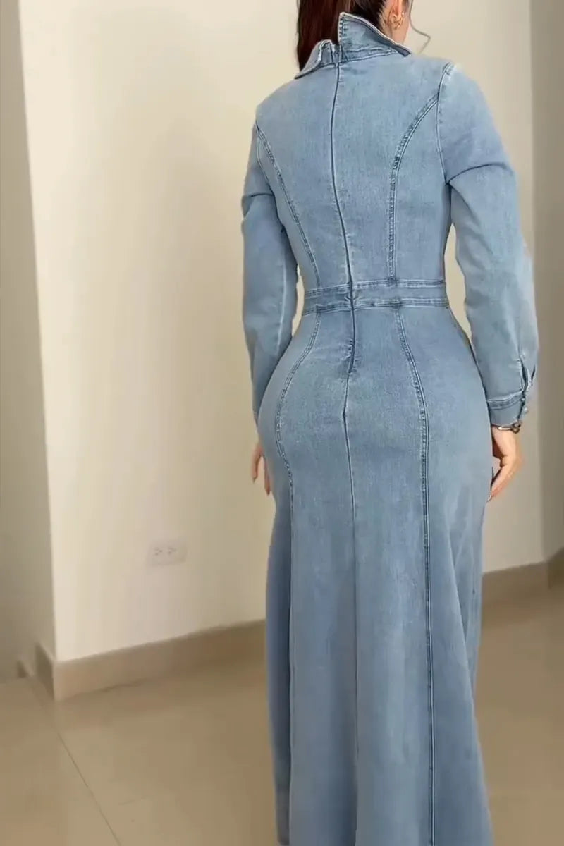 Women's Elegant Slit Hem Button Trim Denim Dress