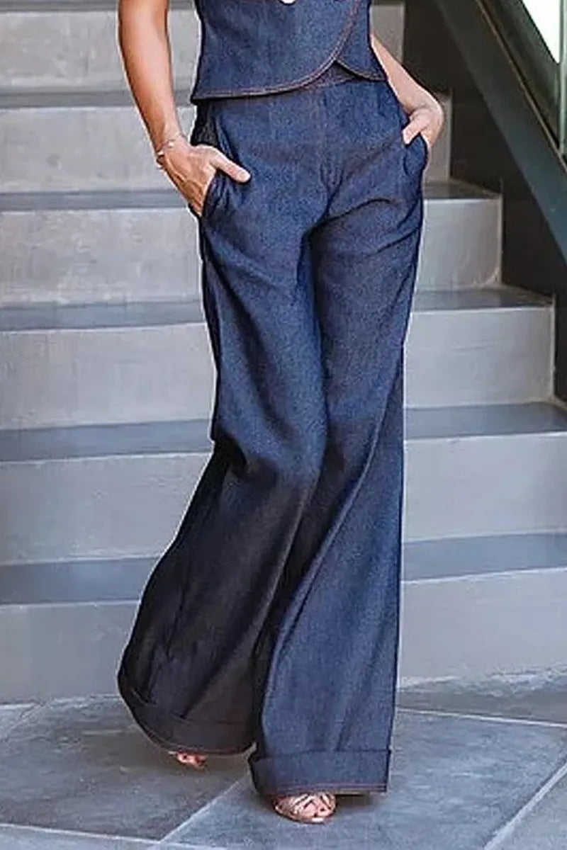 Women's Denim Asymmetrical Sleeveless Top Or Wide-Leg Pants
