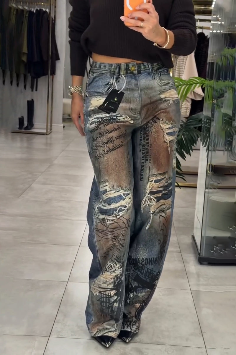 Women's Printed Distressed Washed Scratch Casual Jeans