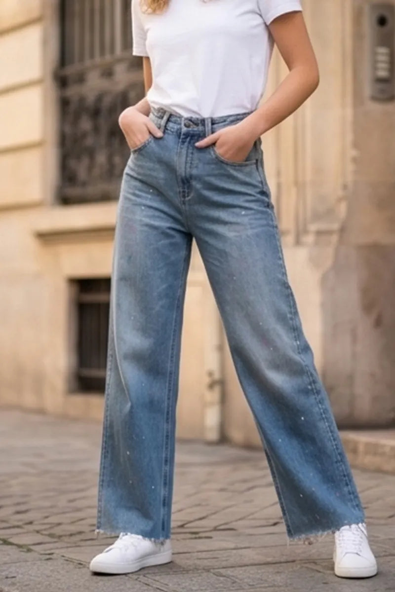 Women's Casual Spray Painted White Polka Dot Wide Leg Jeans