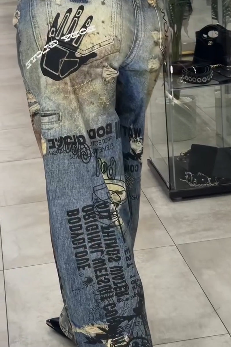 Women's Printed Distressed Washed Scratch Casual Jeans