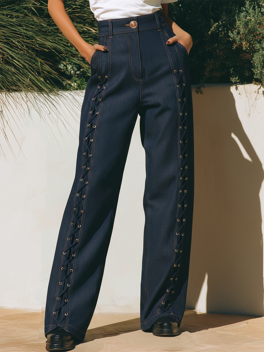Resort Style Drawstring Loose Denim Pants