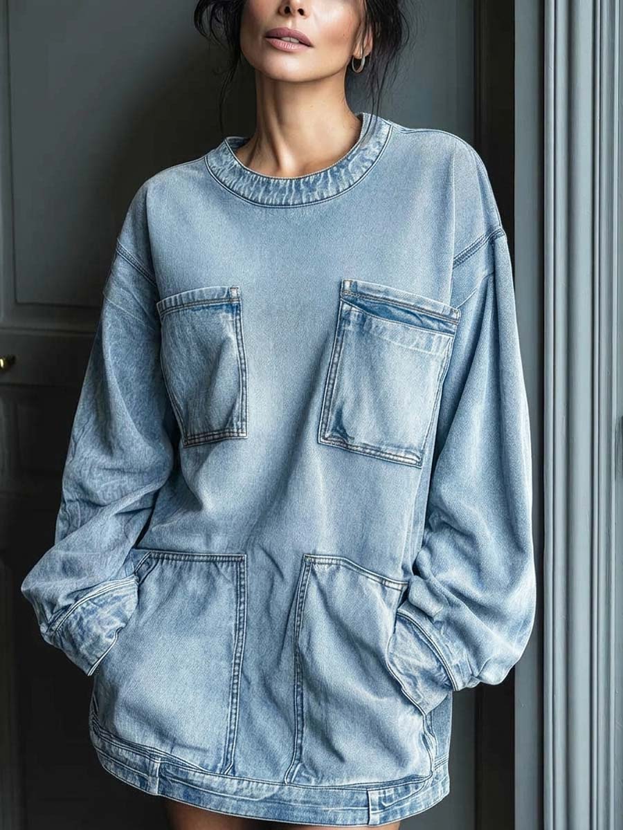 Women's Retro Casual Stylish Pockets Art Denim Short Dress