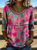 Women's Vintage Paisley Print Casual Short Sleeves Denim Shirt