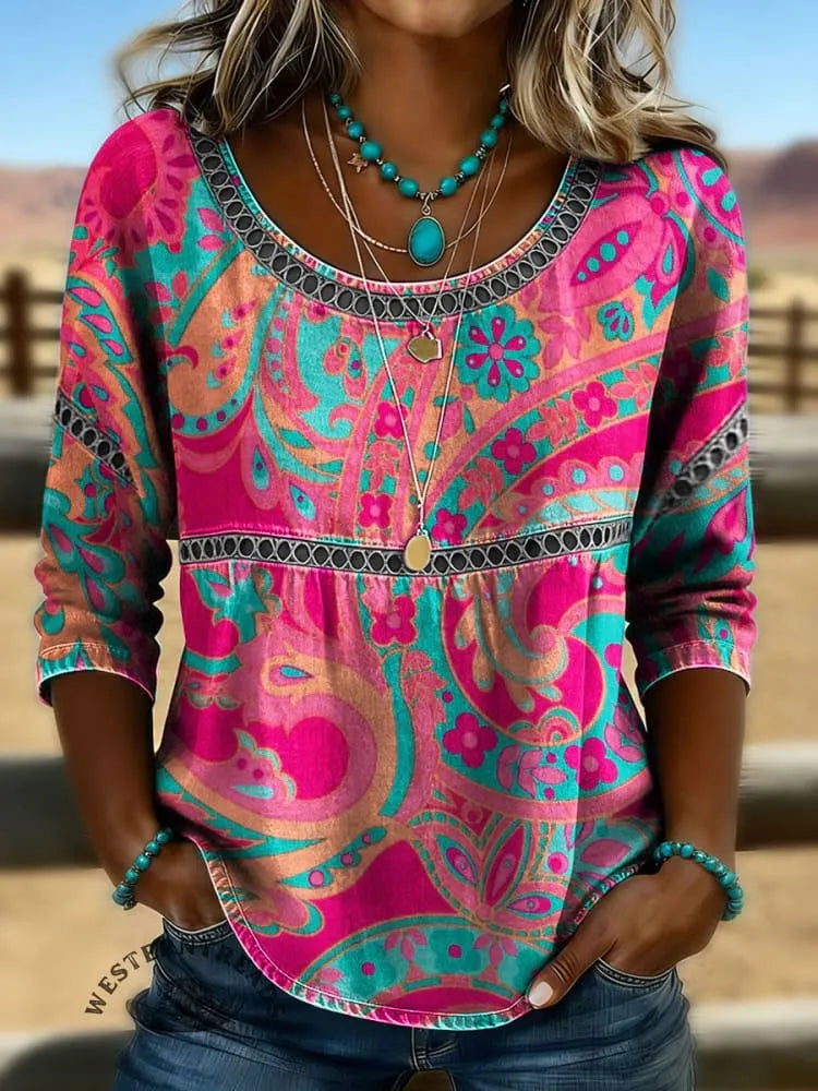 Women's Vintage Paisley Print Casual Short Sleeves Denim Shirt