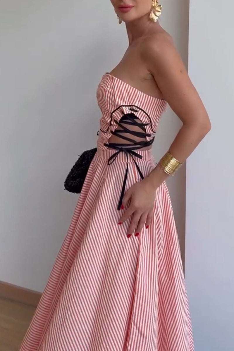 Women's Casual Vacation Side Tie Strapless A-Line Skirt Stripe Two-Piece Set