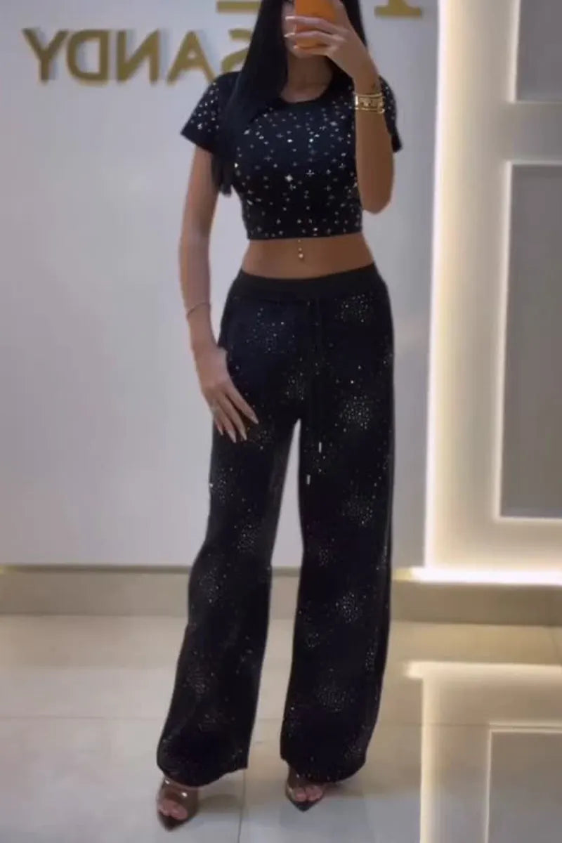 Women's Round Neck All Over Star Rhinestone Short Sleeve Crop T-Shirt Or Elastic Drawstring Waist Star Rhinestone Flowy Wide Leg Pants