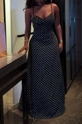 Women's Summer Casual Vintage Polka Dot Cowl Neck Thin Strap High Waist Mermaid Maxi Dress