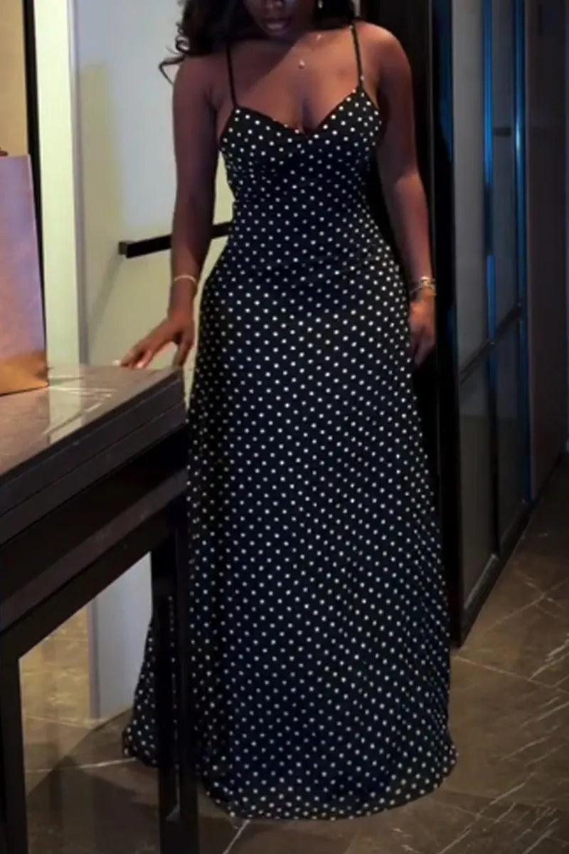 Women's Summer Casual Vintage Polka Dot Cowl Neck Thin Strap High Waist Mermaid Maxi Dress