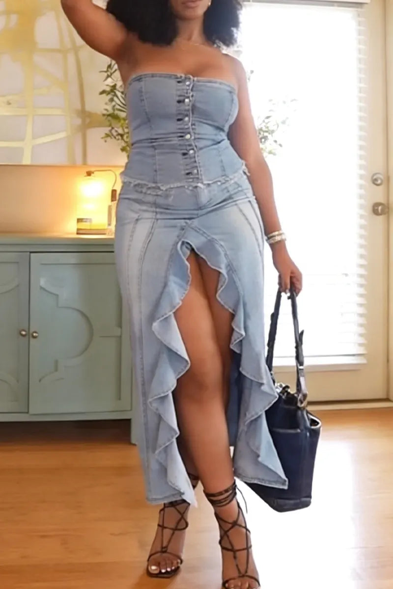 Women's Fashion Single Breasted Denim Vest & Flounce Slit Skirt