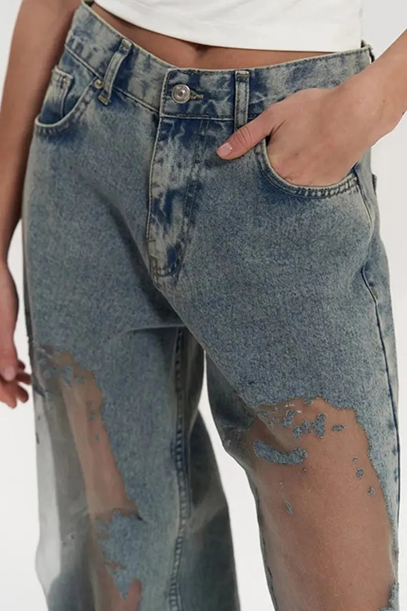 Women's Distressed Jeans With Sheer Cut Out Detail