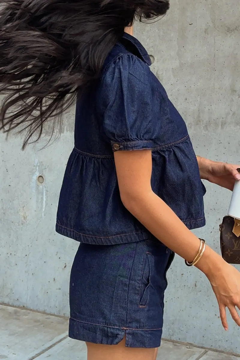 Women's Casual Button Front Denim Top With Puff Sleeves Or Denim Shorts
