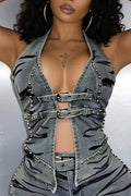 Women's Zebra Print Rhinestone Stud Halter Deep V Cutout Denim Top Or Zebra Print Rhinestone Trim High Waist Bodycon Mini Denim Shorts