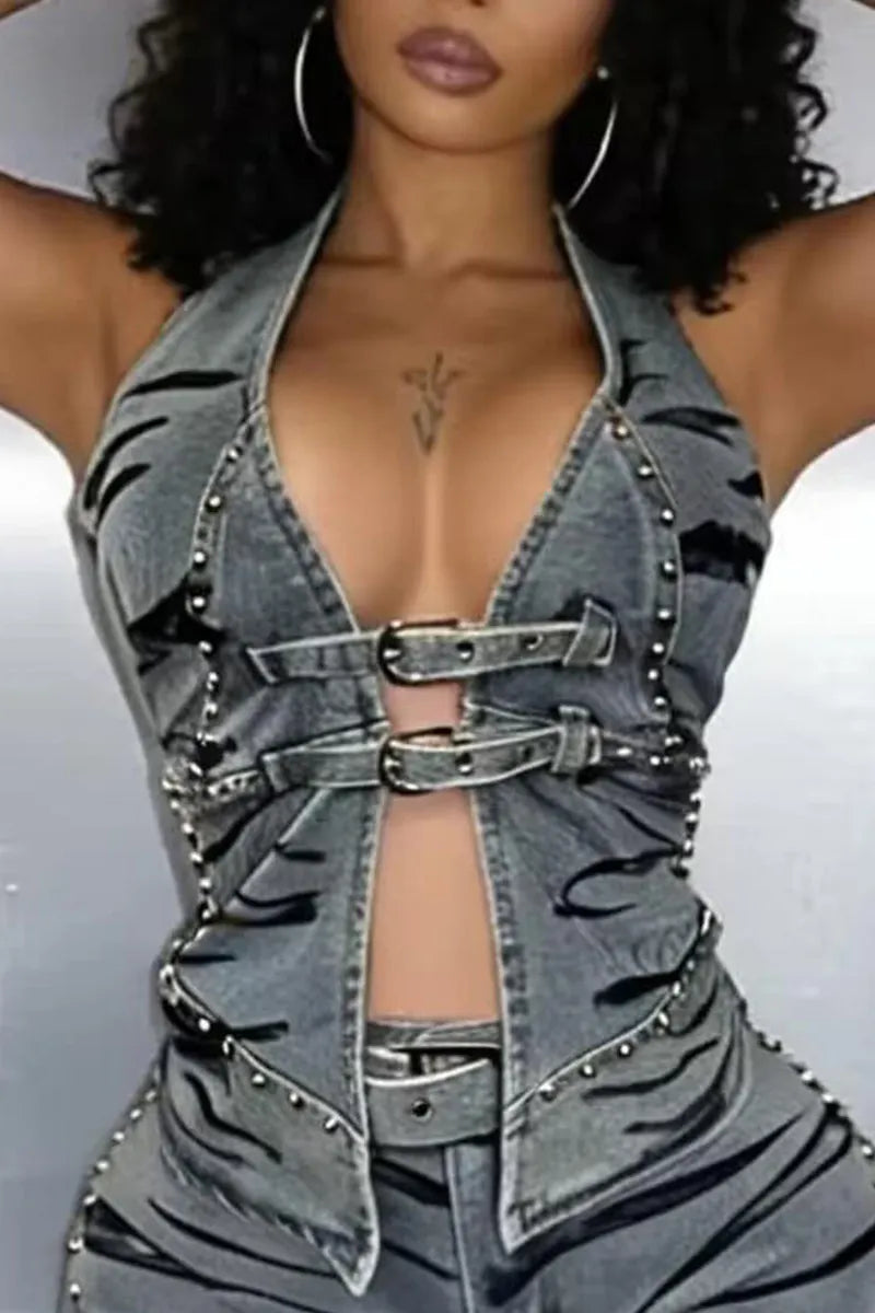 Women's Zebra Print Rhinestone Stud Halter Deep V Cutout Denim Top Or Zebra Print Rhinestone Trim High Waist Bodycon Mini Denim Shorts