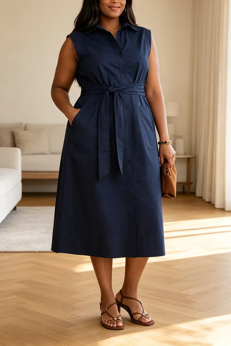 Women Collar Solid Color Breasted Elegant Casual Midi Dresses