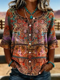 Women's Vintage Floral Print Casual Hollow-out Denim Shirt