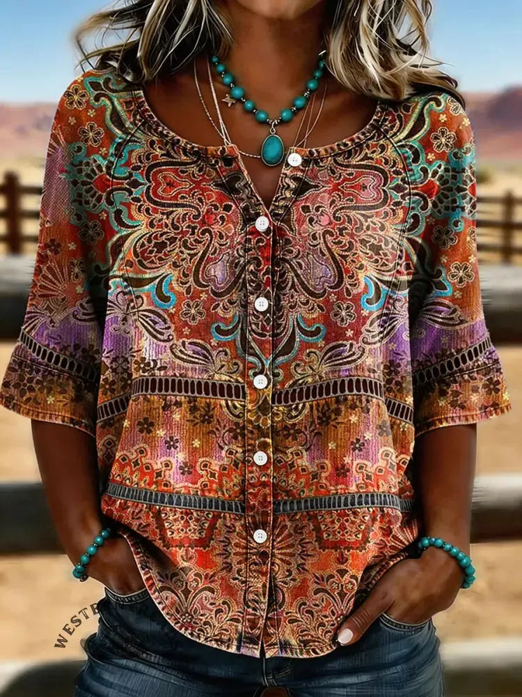 Women's Vintage Floral Print Casual Hollow-out Denim Shirt